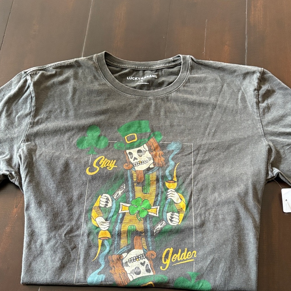 Lucky Brand Charcoal Tee with Green and Gold Graphic